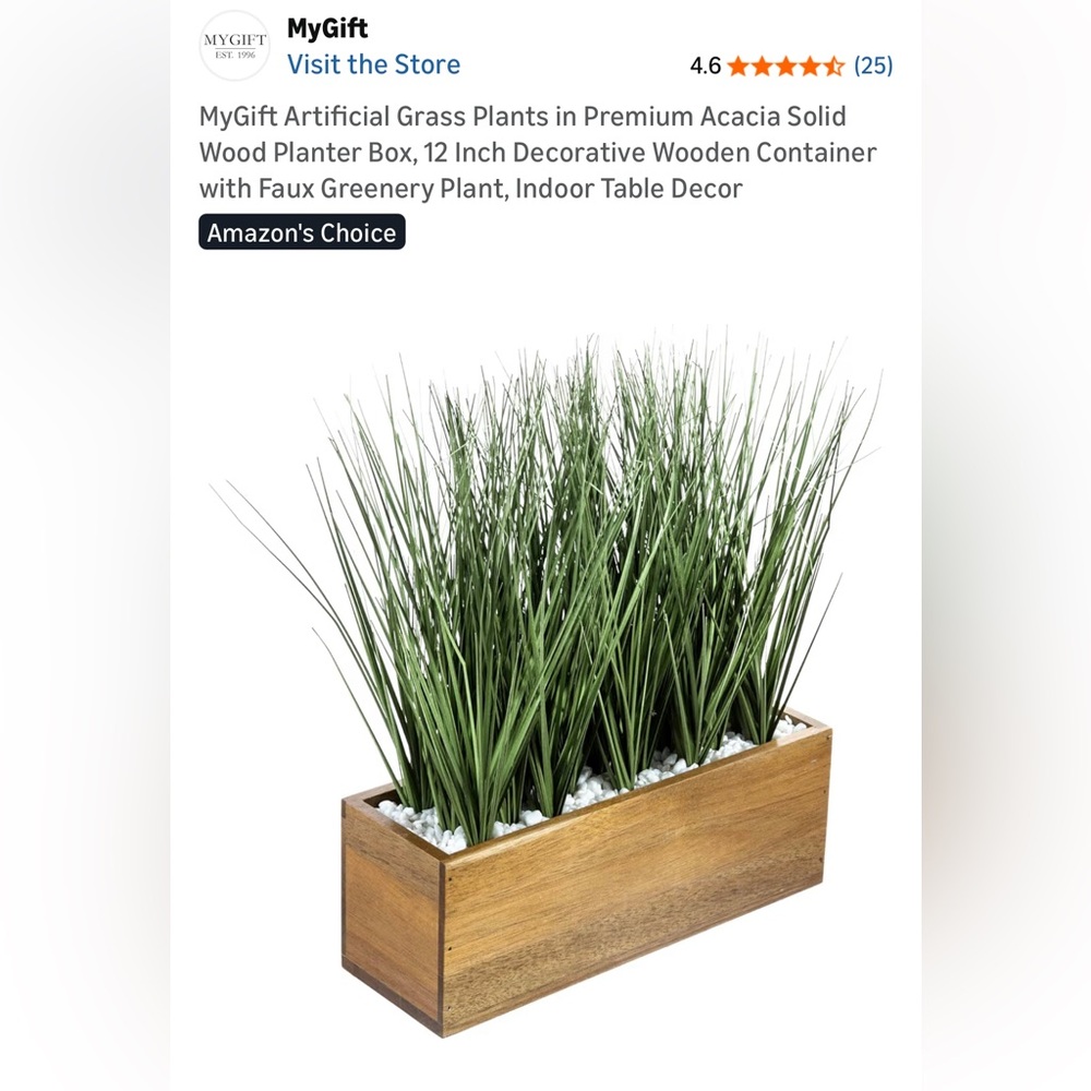 New MyGift Faux Grass Plants Wooden Acacia Planter 12" Container Solid Wood